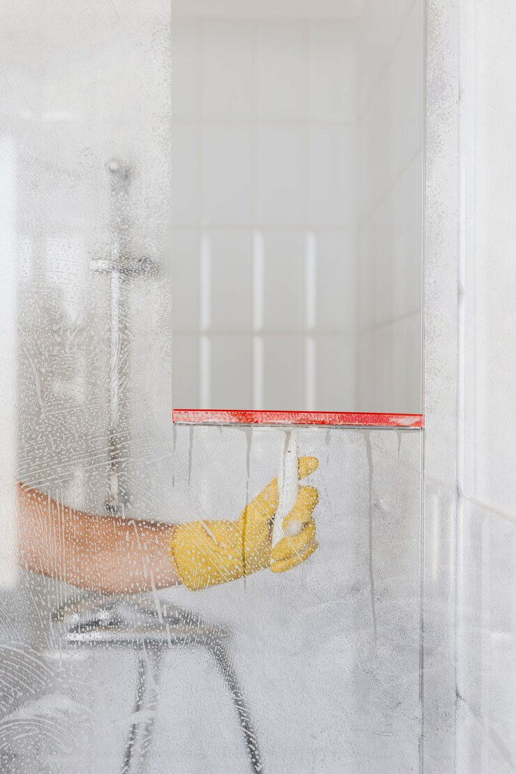 A hand in a yellow glove holding a spray bottle while cleaning a glass shower screen.